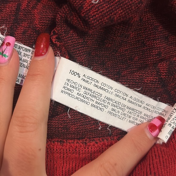 100% cotton Red Cropped Vintage Cardigan with Black Bird and Dot Print - Picture 7 of 8